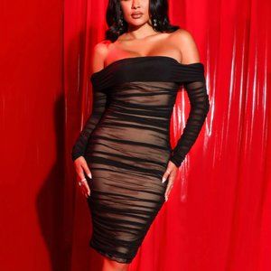 Ready In A Ruched Off Shoulder Midi Dress